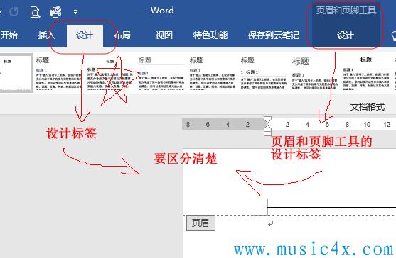 “页眉和页脚设计”和“设计”标签